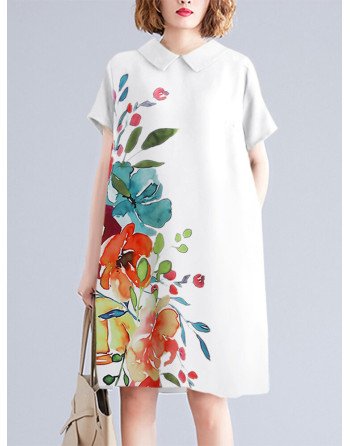 Women Floral Print Lapel Casual Short Sleeve Dress