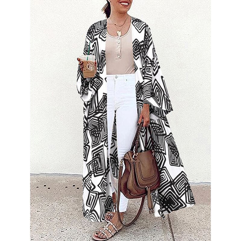 Bohemian Geo Print Loose Long Sleeve Open Front Kimono