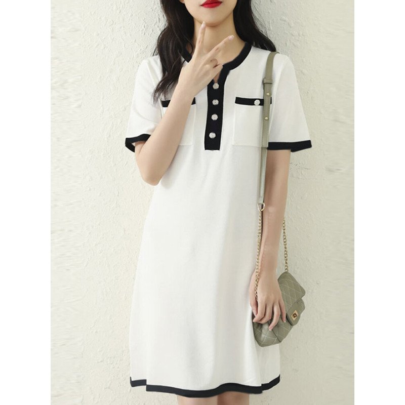 Contrast Pocket Short Sleeve Notch Neck Casual Dress