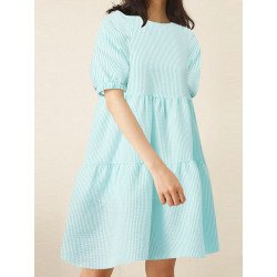 Stripe Textured Puff Sleeve Crew Neck Dress For Women