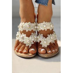 Thong Sandals for Women Beaded Flip Flop Summer Beach Crochet Flower Straps Flat Sandals