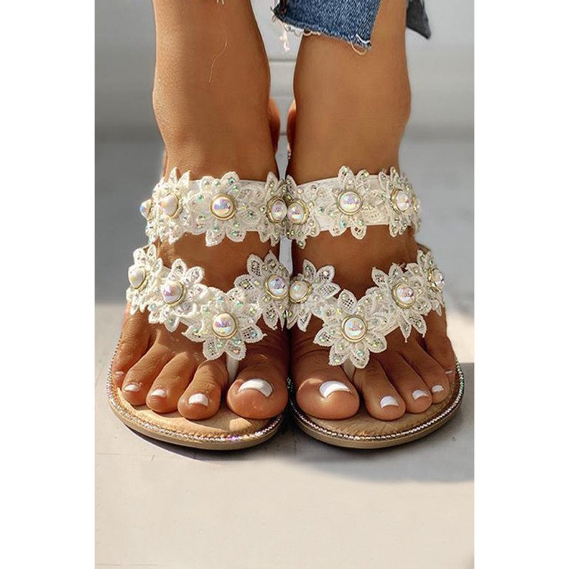 Thong Sandals for Women Beaded Flip Flop Summer Beach Crochet Flower Straps Flat Sandals