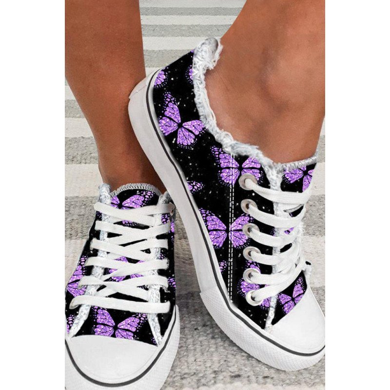 Womens Canvas Sneakers Low Top Lace Up Butterfly Print Canvas Shoes