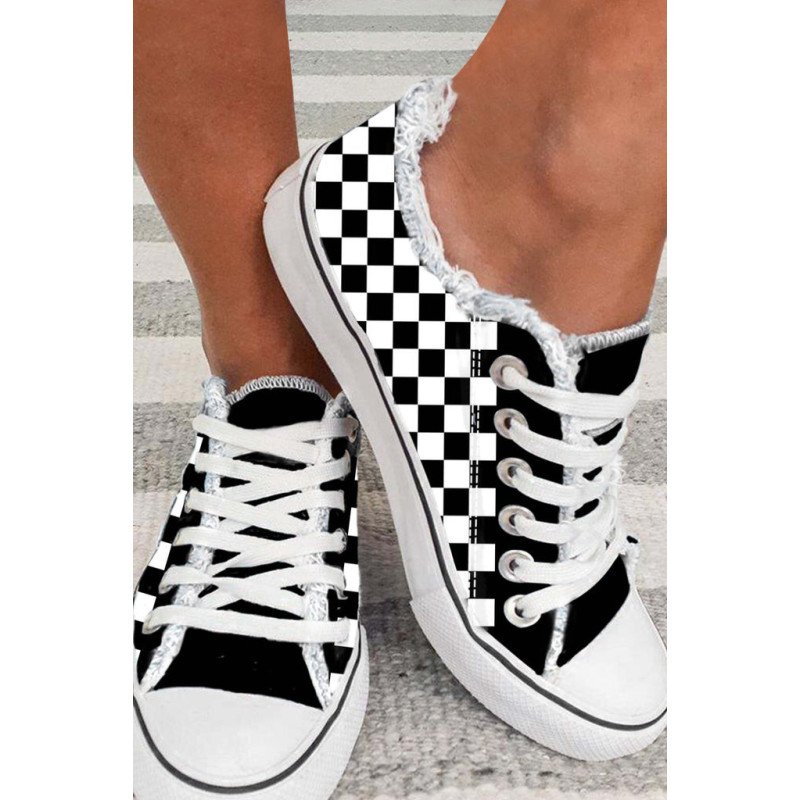 Women's Checkerboard Graphic Lace up Canvas Slip on Shoes