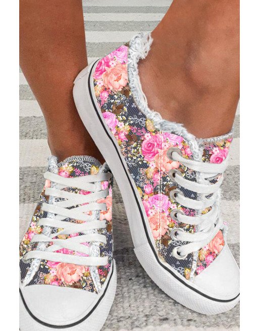 Floral Print Sneakers Tennis Shoes Women Canvas Shoes Low Cut Lace up Walking Shoes