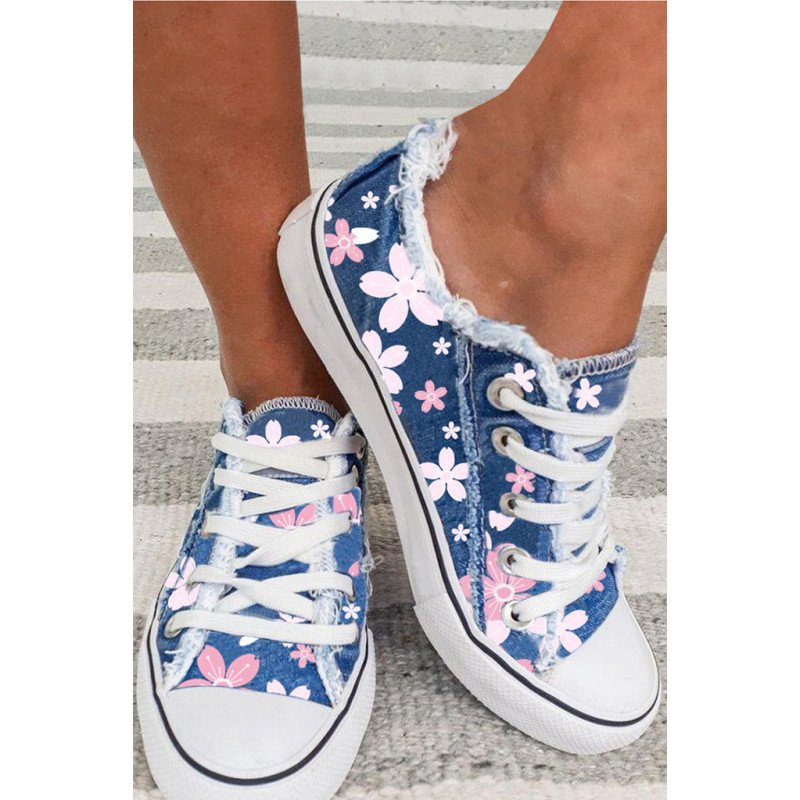 Womens Canvas Shoes Floral Print Low Cut Lace up Walking Shoes