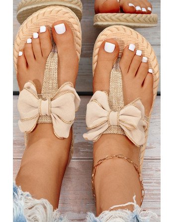 Slides for Women Flat Sandals Summer Flip Flops Linen Bow Knot Thong Sandals