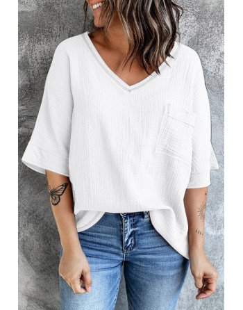 Women's Casual Short Sleeve T Shirts V Neck Chest Pocket Knit Blouse Top