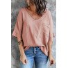 Women's Casual Short Sleeve T Shirts V Neck Chest Pocket Knit Blouse Top