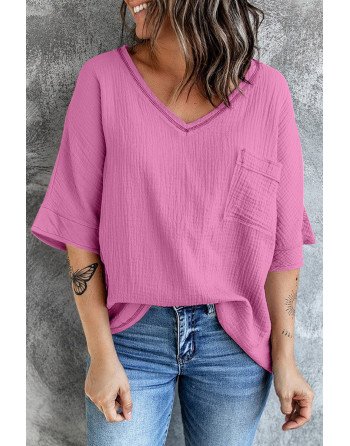 Women's Casual Short Sleeve T Shirts V Neck Chest Pocket Knit Blouse Top