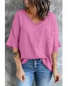 Women's Casual Short Sleeve T Shirts V Neck Chest Pocket Knit Blouse Top