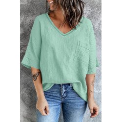 Women's Casual Short Sleeve T Shirts V Neck Chest Pocket Knit Blouse Top