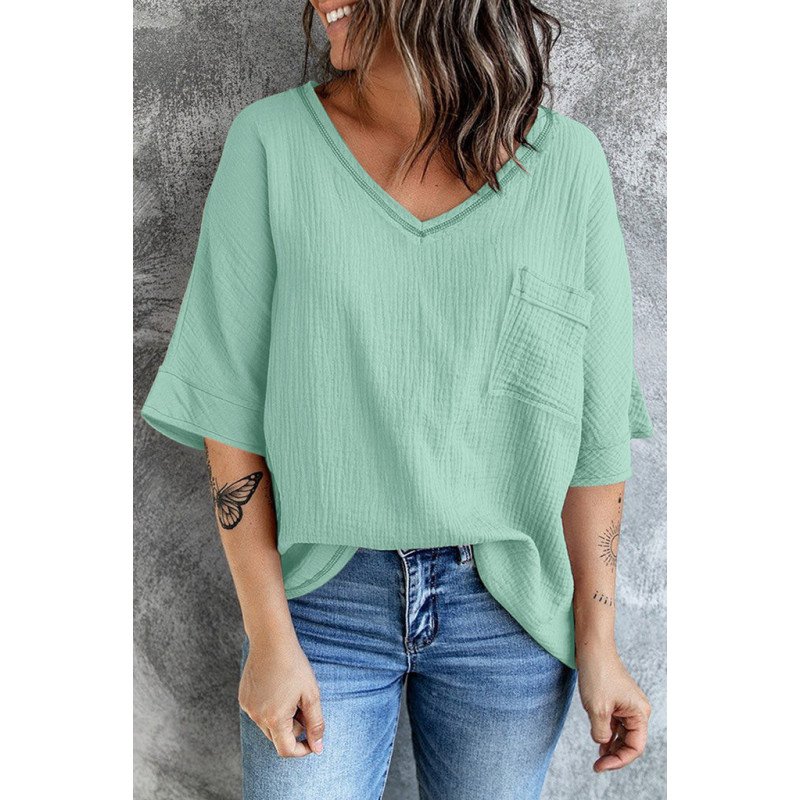 Women's Casual Short Sleeve T Shirts V Neck Chest Pocket Knit Blouse Top