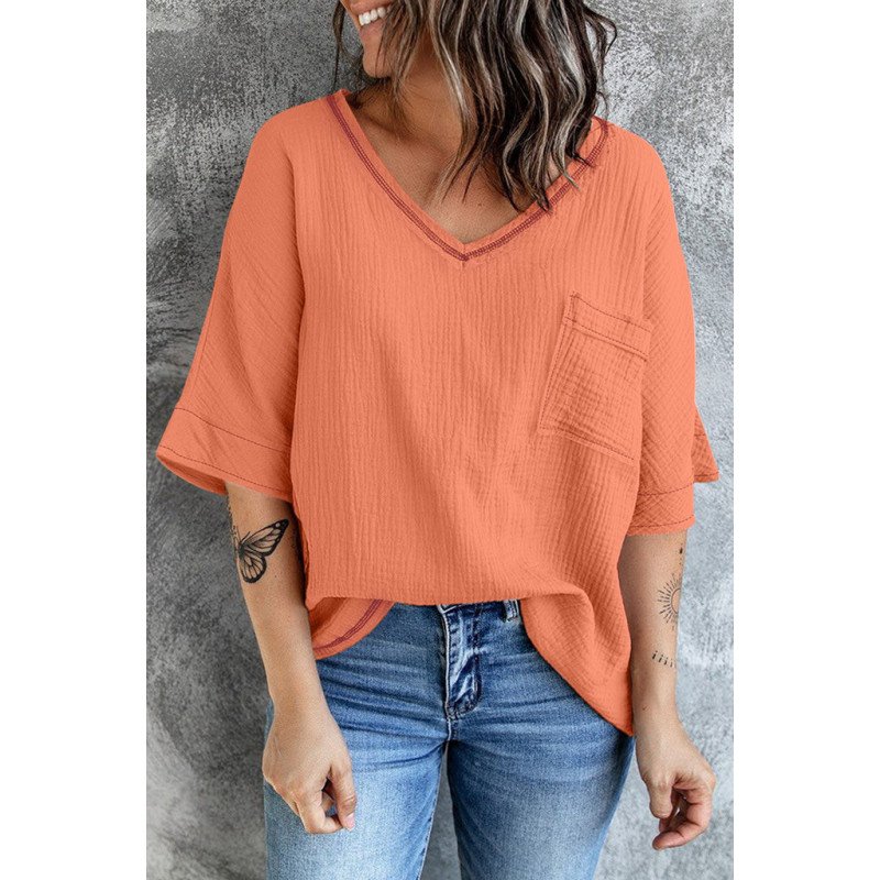 Women's Casual Short Sleeve T Shirts V Neck Chest Pocket Knit Blouse Top