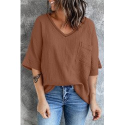 Women's Casual Short Sleeve T Shirts V Neck Chest Pocket Knit Blouse Top