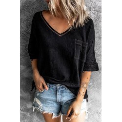 Women's Casual Short Sleeve T Shirts V Neck Chest Pocket Knit Blouse Top