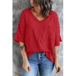 Women's Casual Short Sleeve T Shirts V Neck Chest Pocket Knit Blouse Top