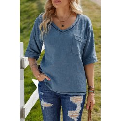 Women's Casual Short Sleeve T Shirts V Neck Chest Pocket Knit Blouse Top