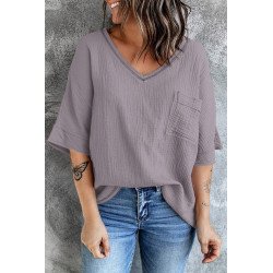 Women's Casual Short Sleeve T Shirts V Neck Chest Pocket Knit Blouse Top