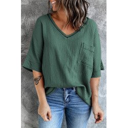 Women's Casual Short Sleeve T Shirts V Neck Chest Pocket Knit Blouse Top