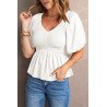 Women's Puff Sleeve Square Neck Smocked Top V Neck Peplum Top