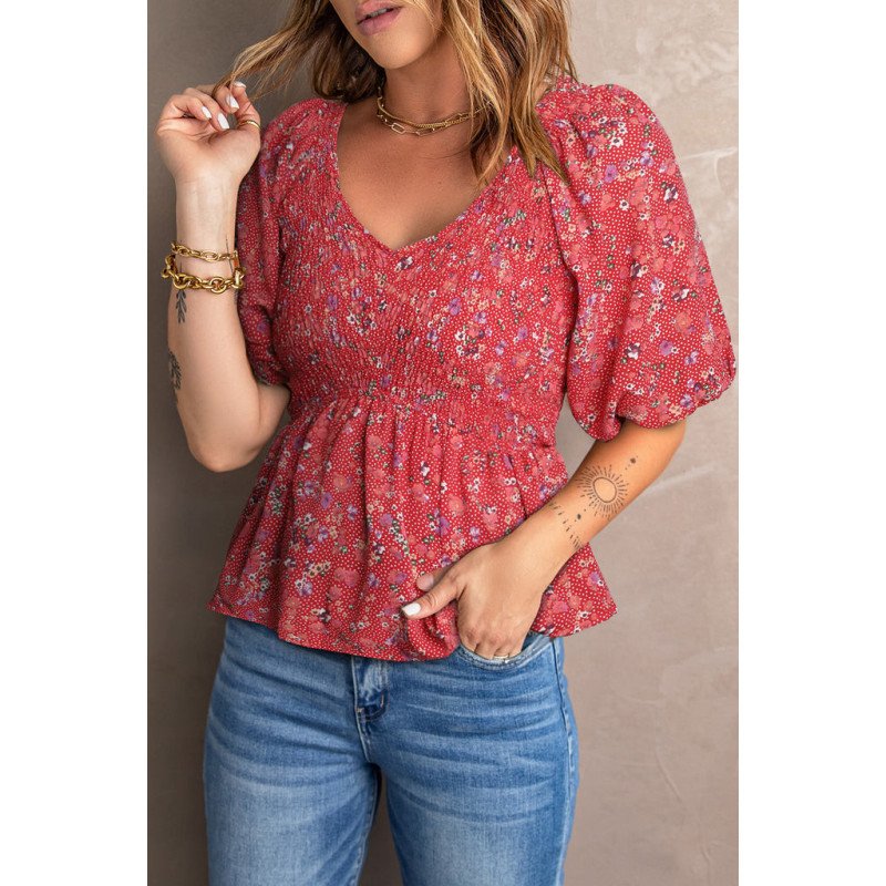 Women's Puff Sleeve Square Neck Smocked Top V Neck Peplum Top