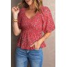 Women's Puff Sleeve Square Neck Smocked Top V Neck Peplum Top