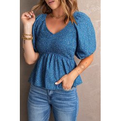 Women's Puff Sleeve Square Neck Smocked Top V Neck Peplum Top