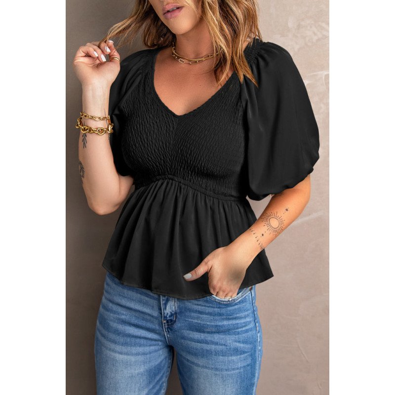 Women's Puff Sleeve Square Neck Smocked Top V Neck Peplum Top
