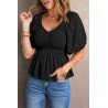 Women's Puff Sleeve Square Neck Smocked Top V Neck Peplum Top
