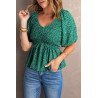 Women's Puff Sleeve Square Neck Smocked Top V Neck Peplum Top