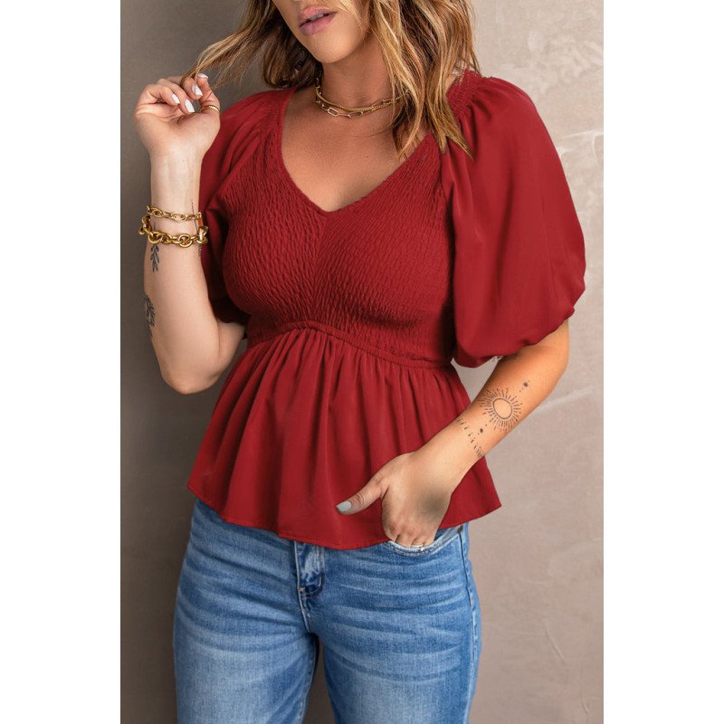 Women's Puff Sleeve Square Neck Smocked Top V Neck Peplum Top