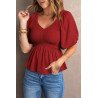 Women's Puff Sleeve Square Neck Smocked Top V Neck Peplum Top