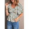 Women's Puff Sleeve Square Neck Smocked Top V Neck Peplum Top