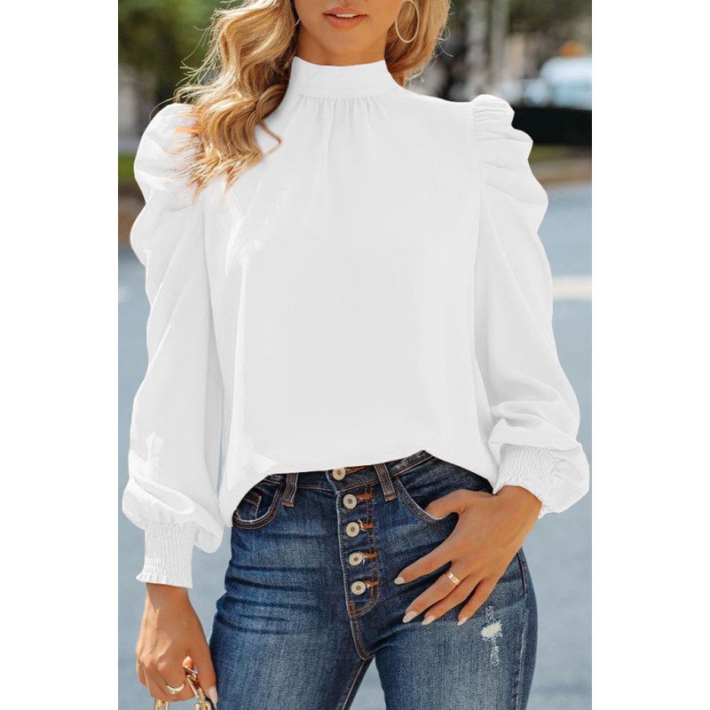 Mock Neck Puff Long Sleeve Blouses Chiffon Casual Loose Shirts Tops