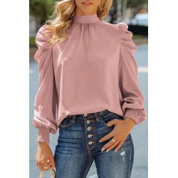 Mock Neck Puff Long Sleeve Blouses Chiffon Casual Loose Shirts Tops