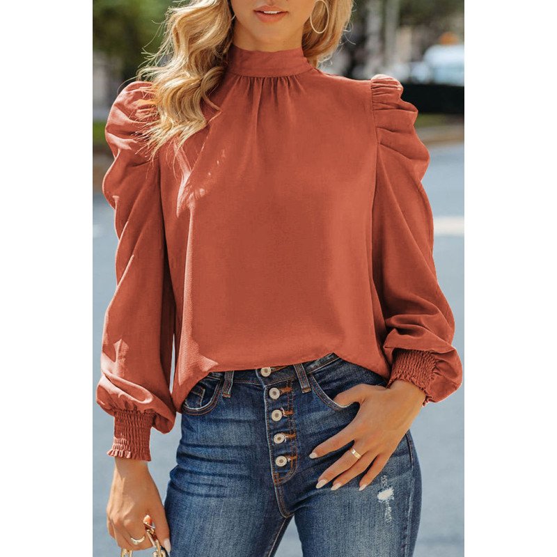 Mock Neck Puff Long Sleeve Blouses Chiffon Casual Loose Shirts Tops