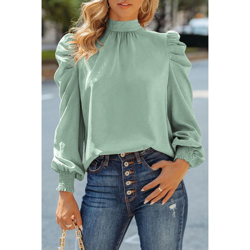 Mock Neck Puff Long Sleeve Blouses Chiffon Casual Loose Shirts Tops