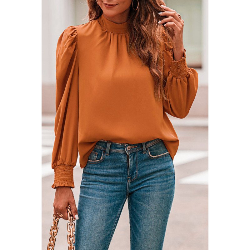 Mock Neck Puff Long Sleeve Blouses Chiffon Casual Loose Shirts Tops