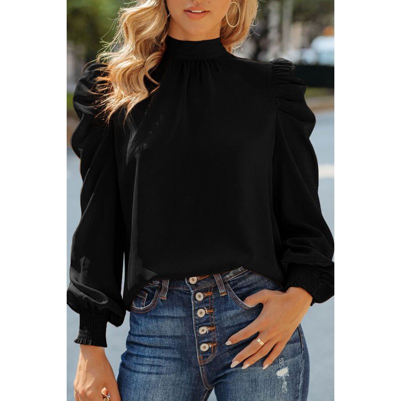 Mock Neck Puff Long Sleeve Blouses Chiffon Casual Loose Shirts Tops