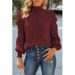 Mock Neck Puff Long Sleeve Blouses Chiffon Casual Loose Shirts Tops