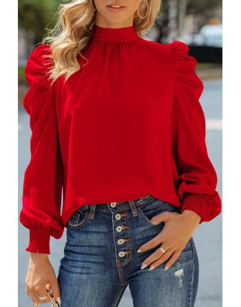 Mock Neck Puff Long Sleeve Blouses Chiffon Casual Loose Shirts Tops