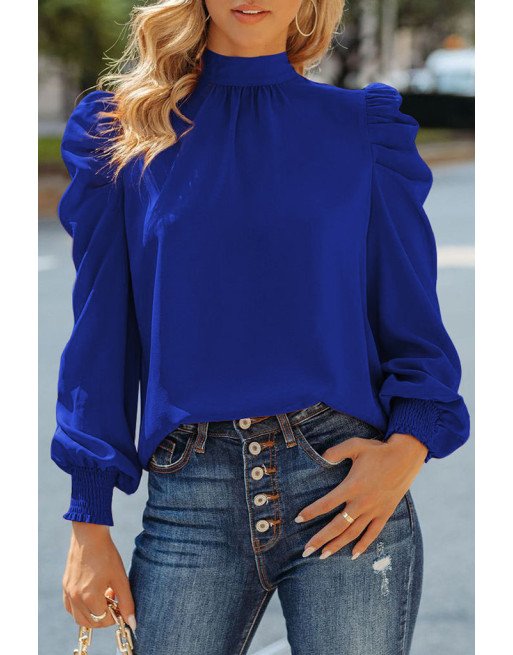Mock Neck Puff Long Sleeve Blouses Chiffon Casual Loose Shirts Tops
