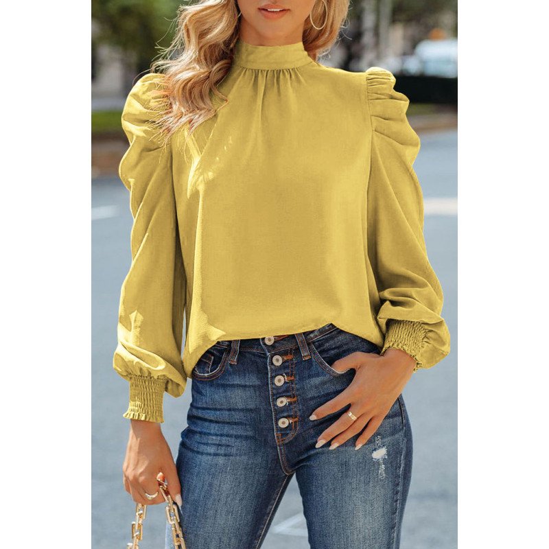 Mock Neck Puff Long Sleeve Blouses Chiffon Casual Loose Shirts Tops