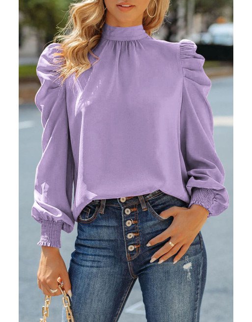 Mock Neck Puff Long Sleeve Blouses Chiffon Casual Loose Shirts Tops