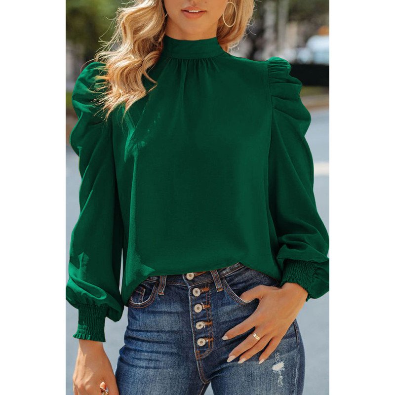Mock Neck Puff Long Sleeve Blouses Chiffon Casual Loose Shirts Tops