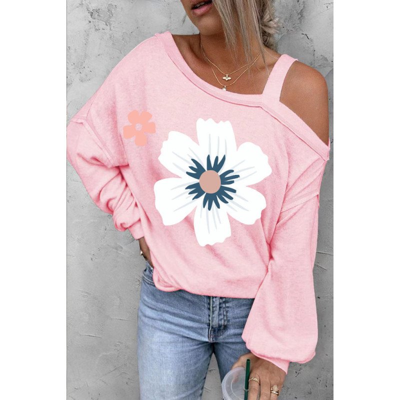Floral Print One Shoulder Sweatshirt for Women Long Sleeve Pullover Tops