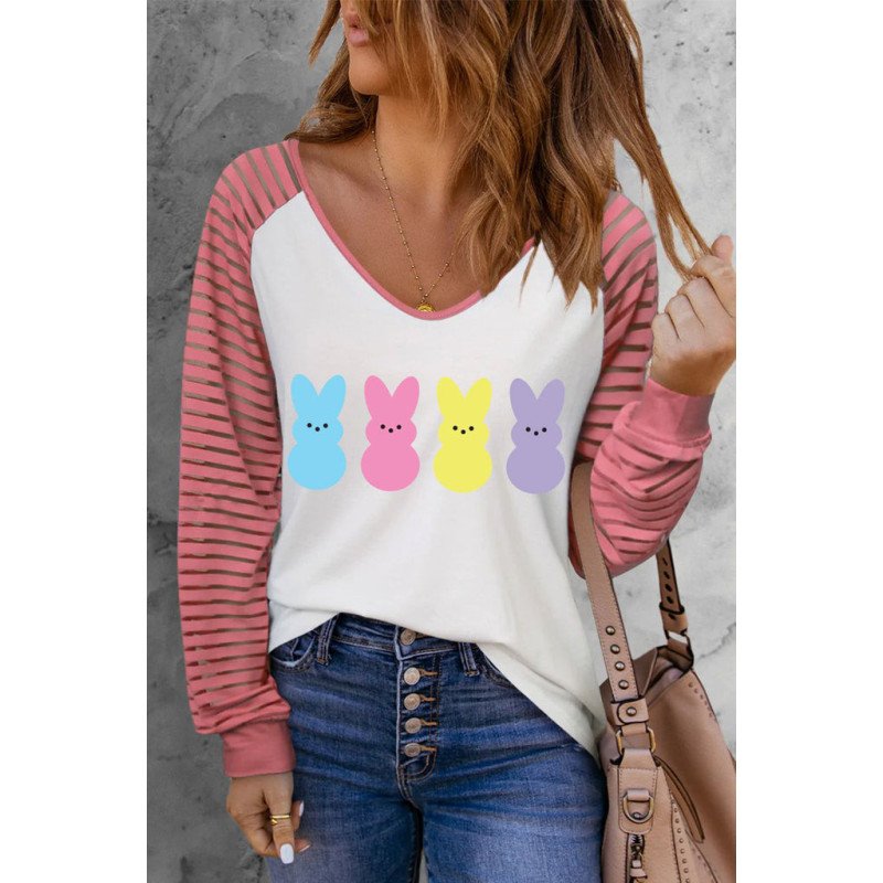 V Neck Long Sleeve Top Easter Rabbit Raglan Sleeve T Shirt for Women