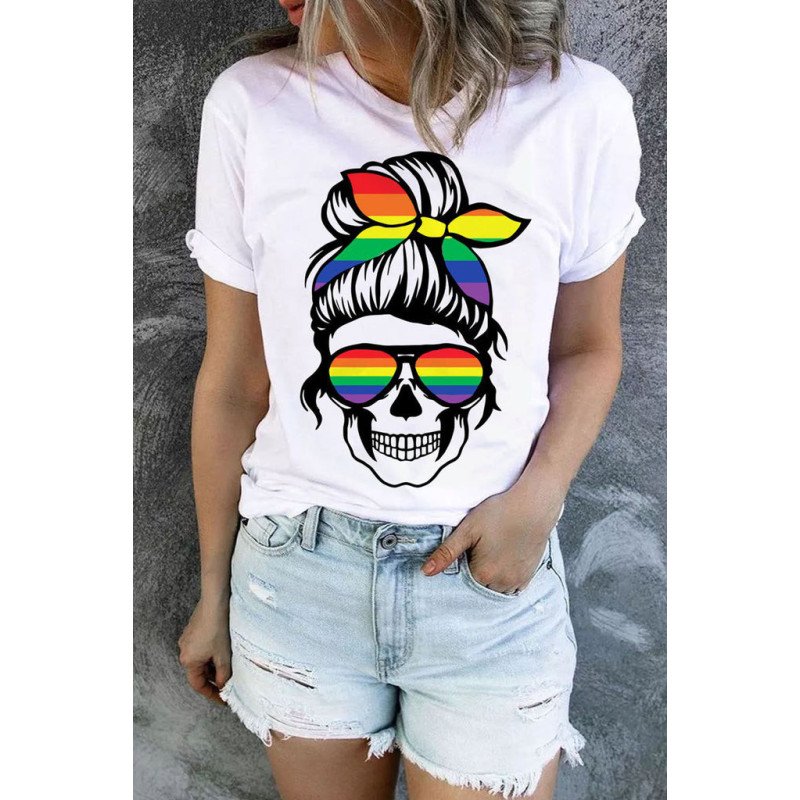 Pride Shirt Women LGBT Short Sleeve Tops Rainbow T-Shirt Funny Skull Print Pride Tee