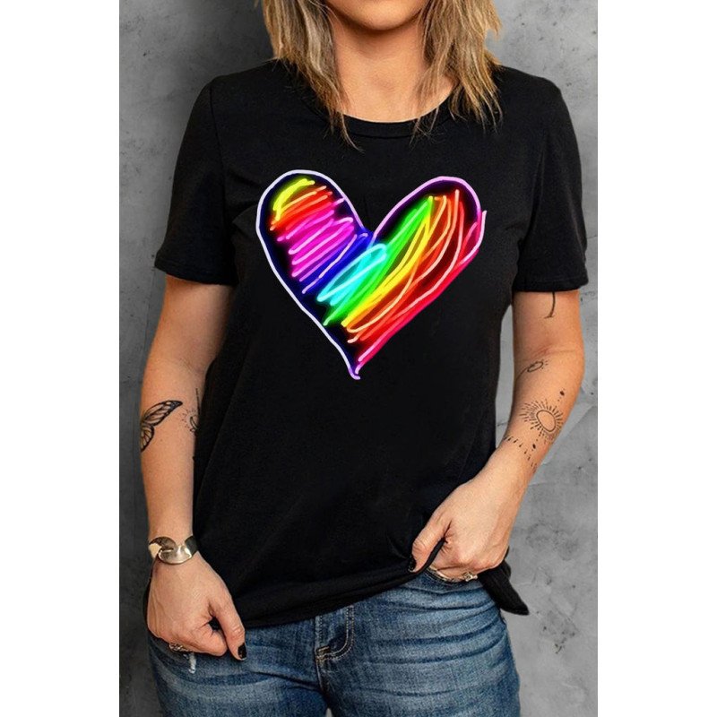 Pride Shirt Women Rainbow LGBT Crew Neck Printing Heart Shaped Tee